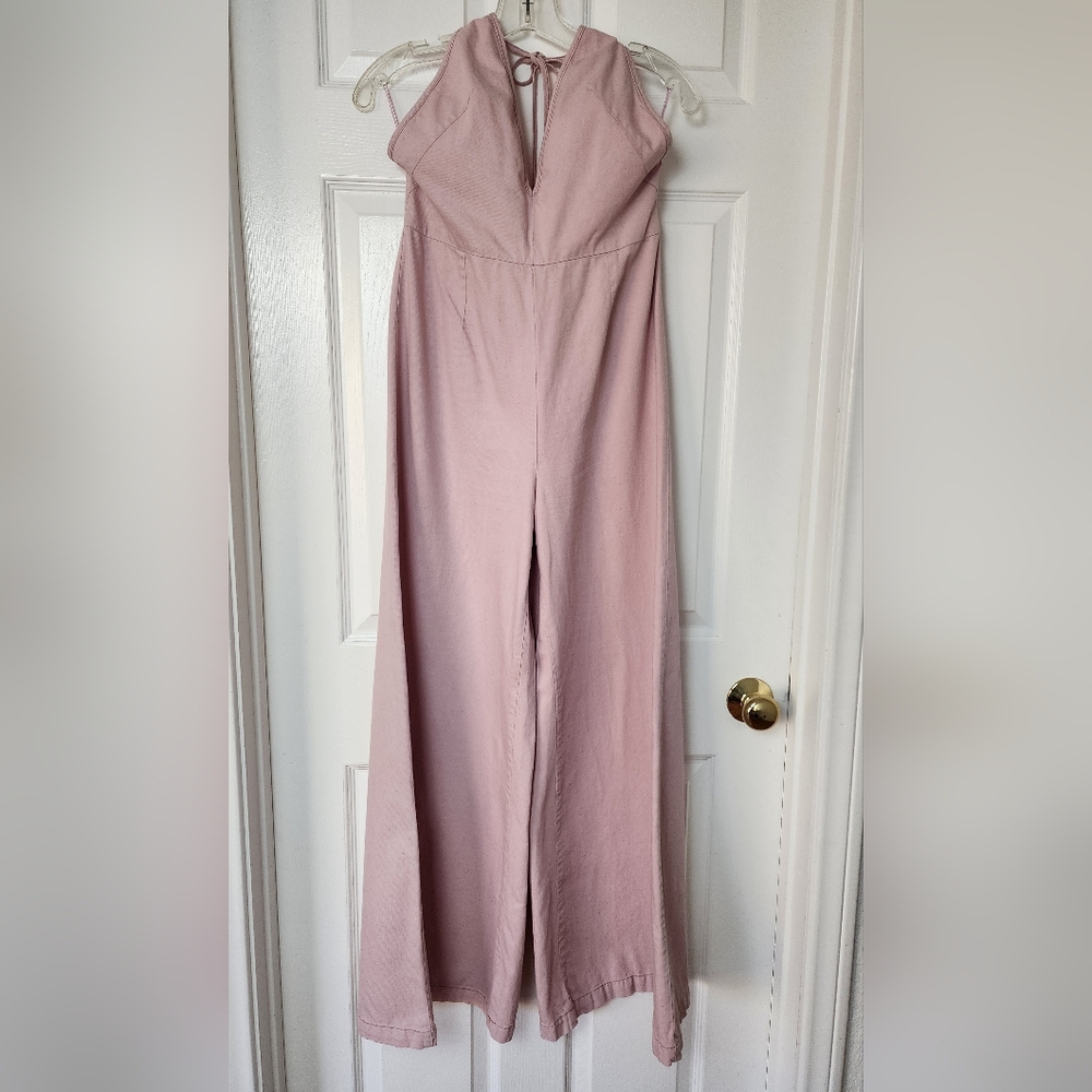 Free People Mauve 100% Cotton Halter Wide Leg Jumpsuit - Size S Boho Casual Chic